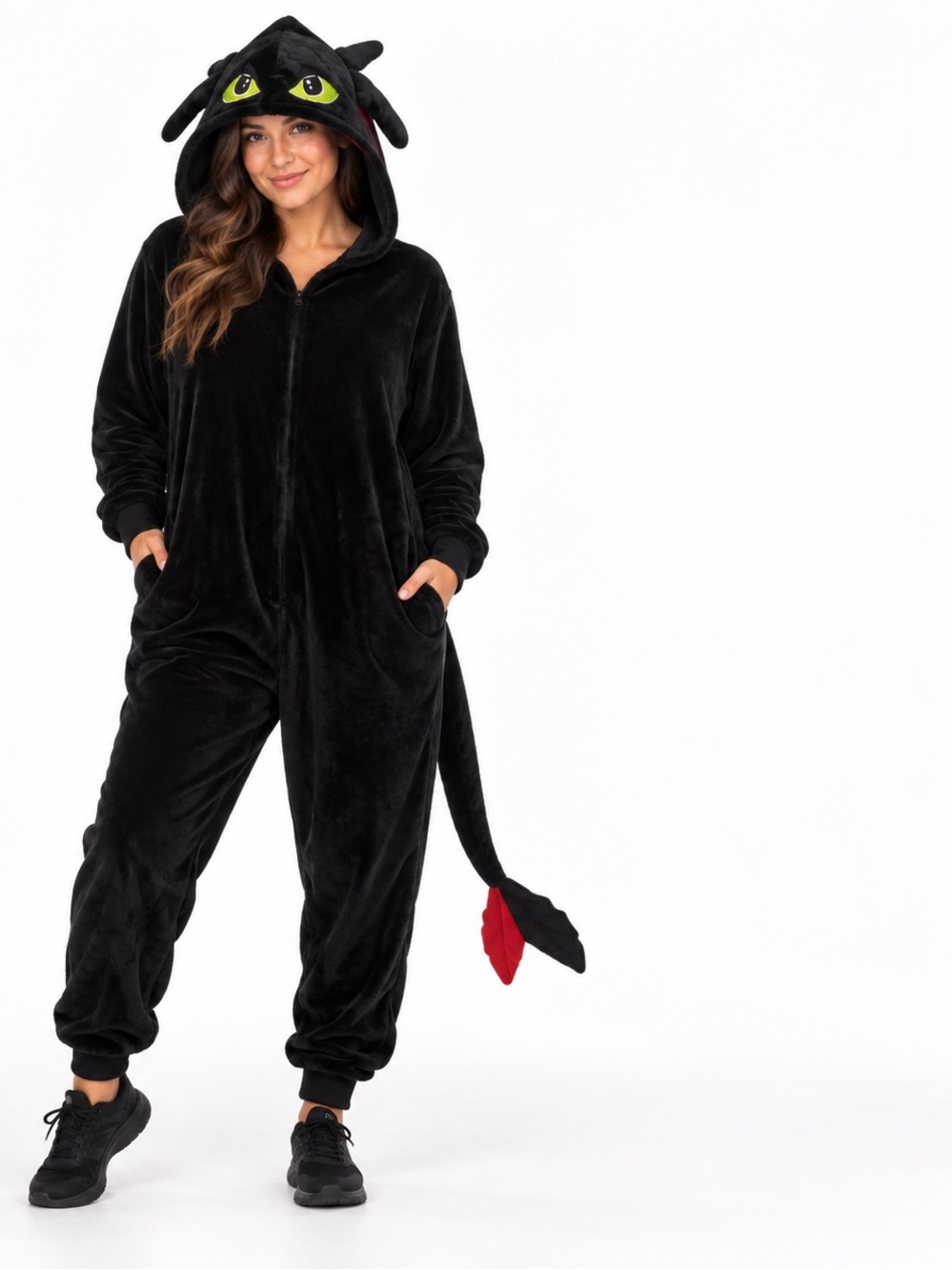 Adult Black Dragon Hooded Plush Onesie Halloween Costume Size Large